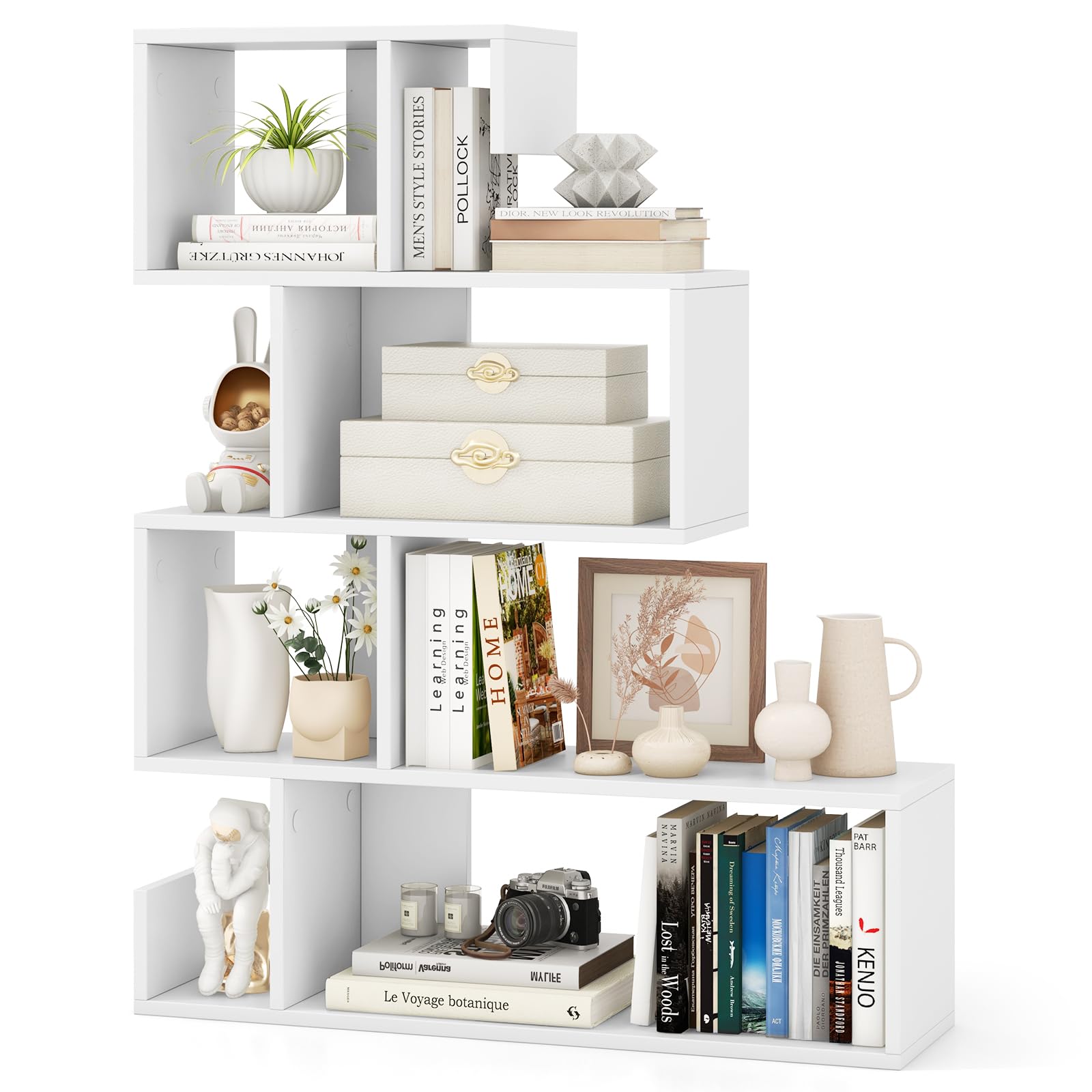 Bibliothèque en forme de S Tangkula, étagère à 5 niveaux géométrique moderne avec kits anti-basculement